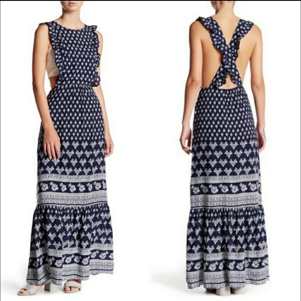 Sadie & Sage White Blue Open Back Maxi Dress